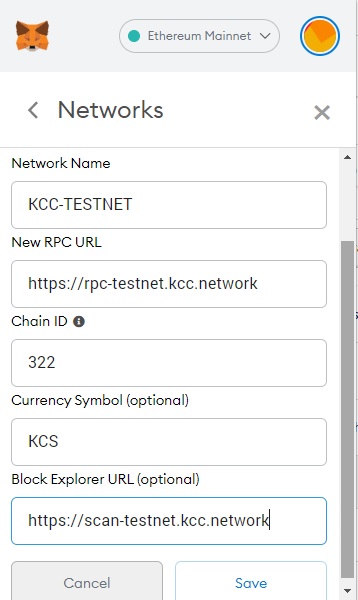 Configuración de la red de prueba de la metamask blockchain de la cadena KCC Kucoin