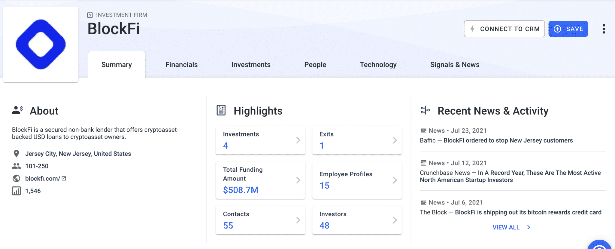 BlockFi en Crunchbase (cortesía de Crunchbase)