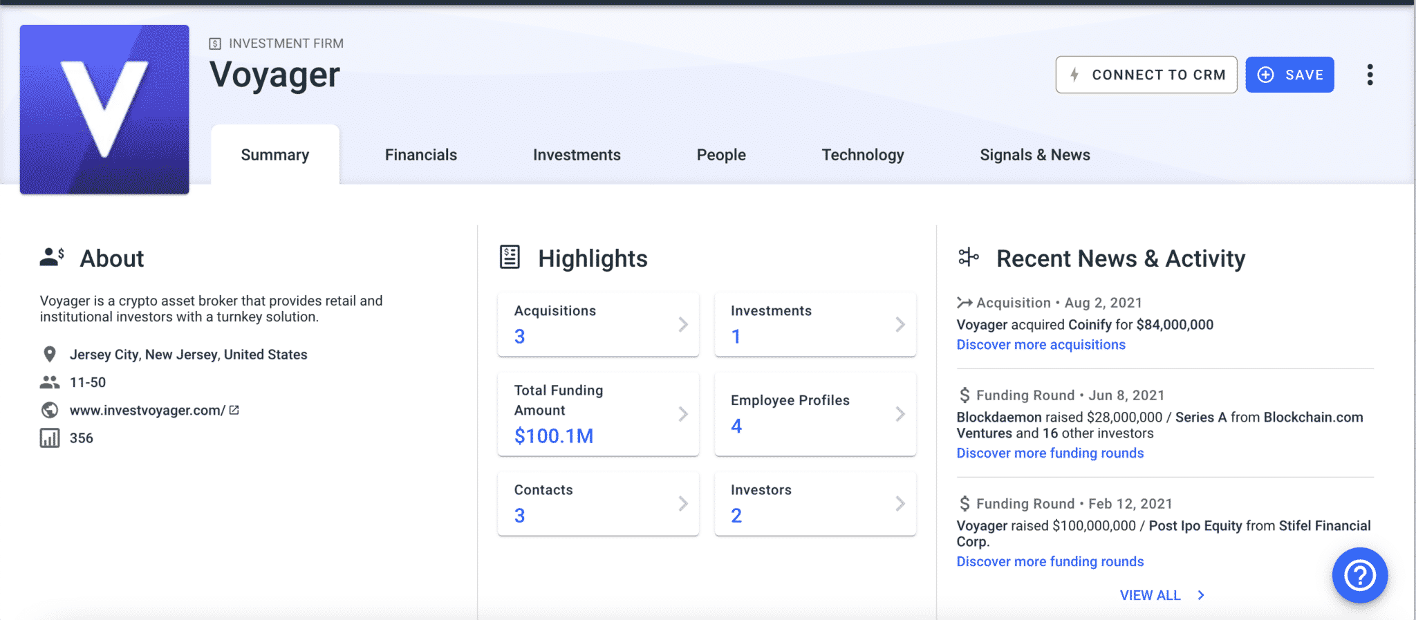 Voyager Invest en Crunchbase (cortesía de Crunchbase)