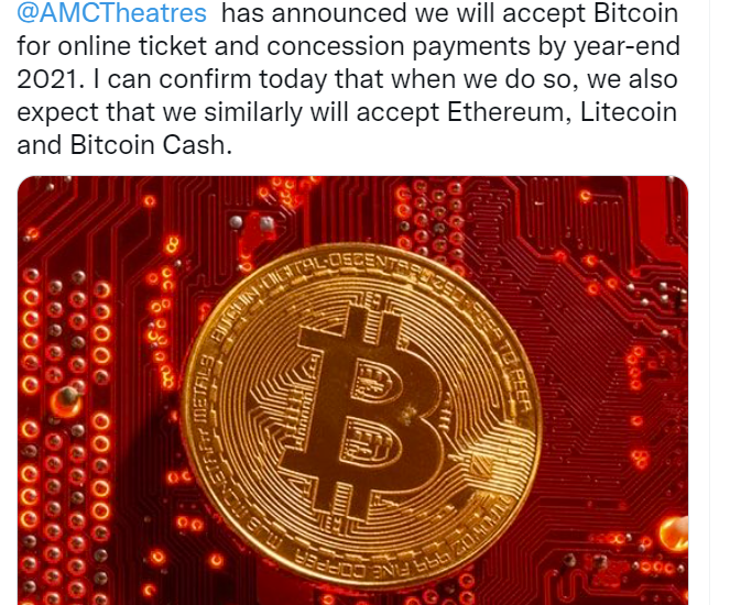 AMC already accept payment in Bitcoin. 