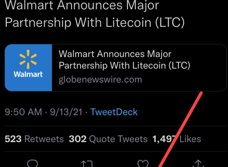 Says Litecoin tweeted about Walmart deal