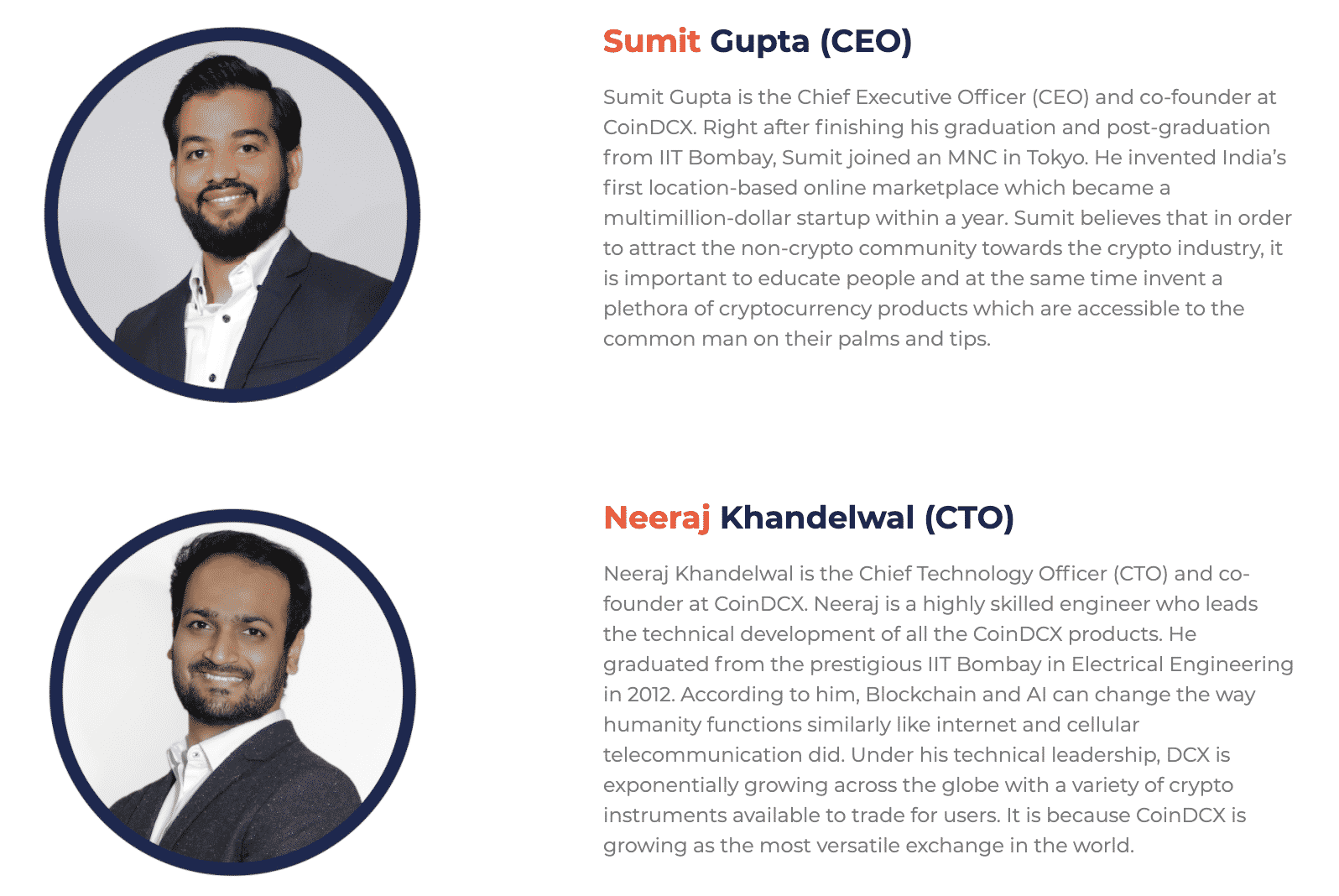 Las biografías del sitio para los fundadores de CoinDCX, Sumit Gupta y Neeraj Khandelwal, cortesía de CoinDCX