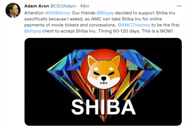 AMC Entertainment will accept the Shiba Inu (SHIB) digital currency for payments in 60-120 days according to the firm