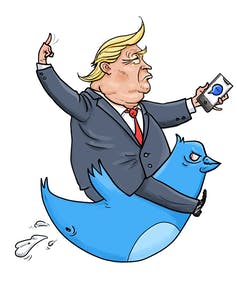 Caricatura de Donald Trump sobre un pájaro de Twitter