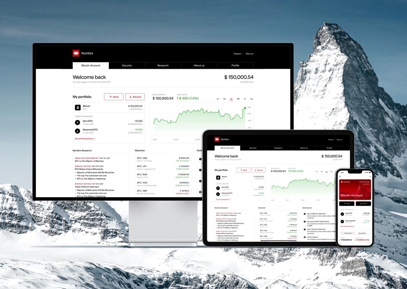 Captura de pantalla de la aplicación financiera en el fondo de la montaña.