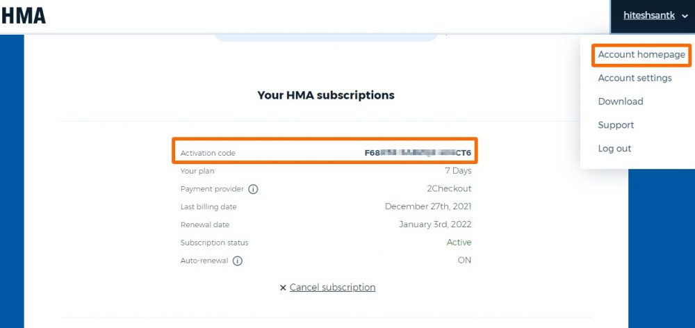 Page d'accueil du compte HMA