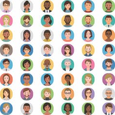 Una cuadrícula de 6 x 8 de caras de personas de dibujos animados.