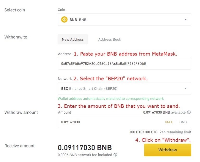 Cómo enviar BNB desde Binance a MetaMask