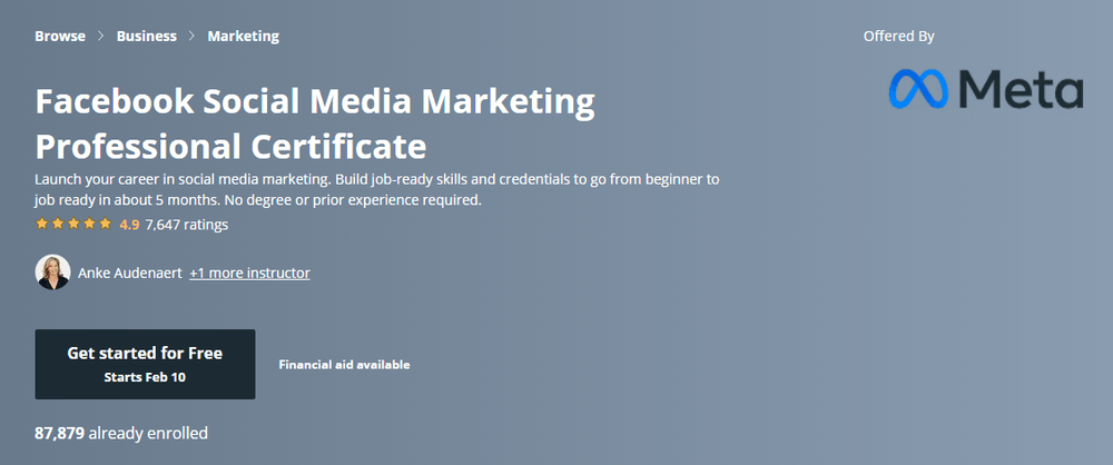 Certificat professionnel de marketing des médias sociaux Facebook