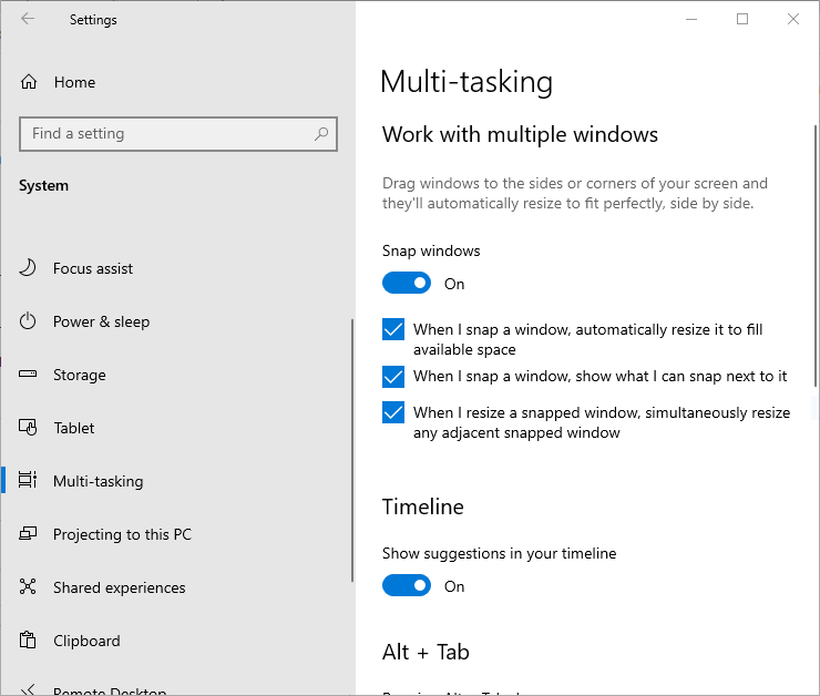 habilitar ventanas emergentes para dividir la pantalla en Windows 10