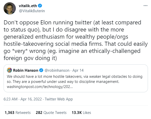 Vitalik Buterin no aprueba la adquisición de Musk-Twitter