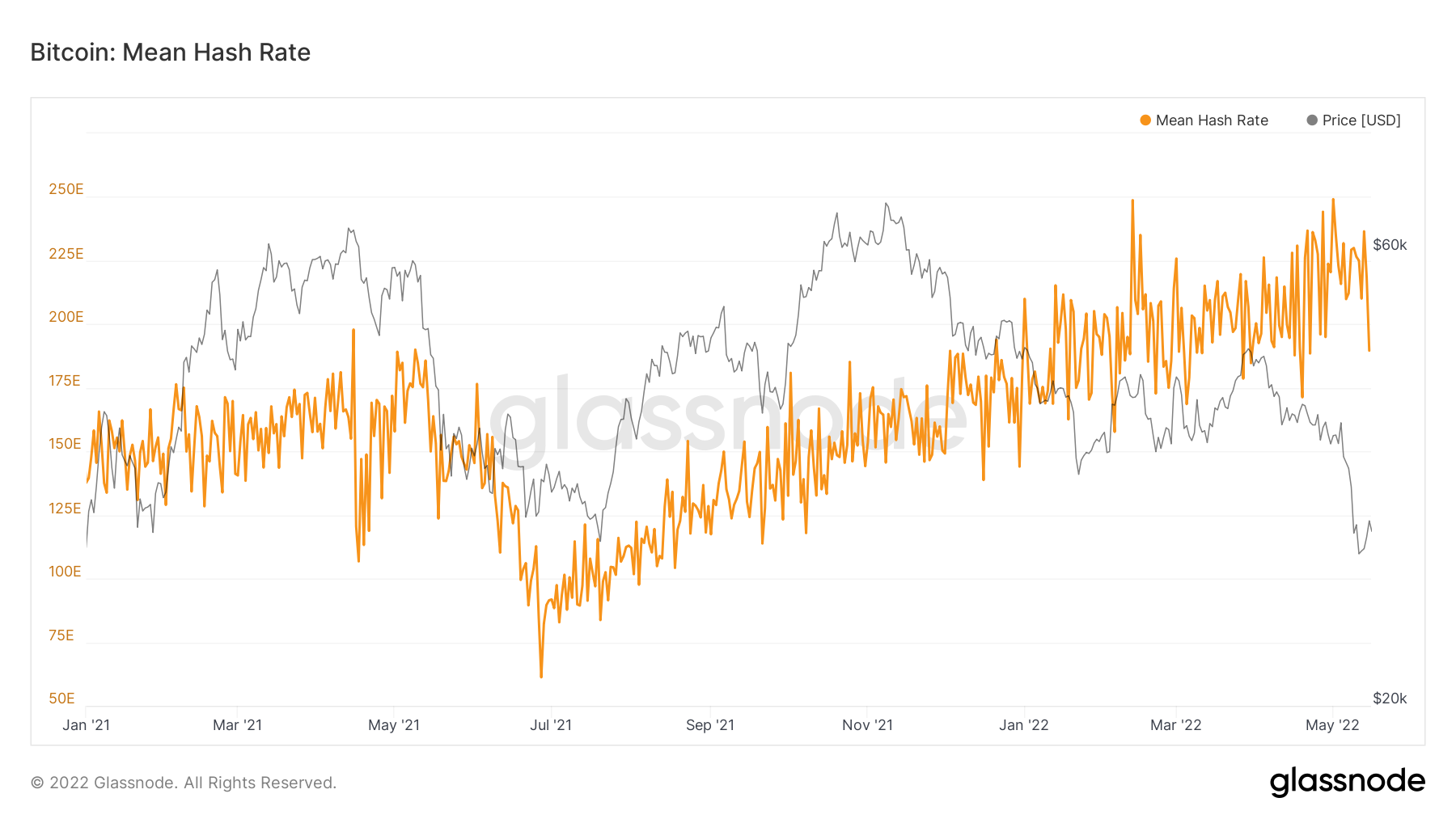 Volatilidad del hashrate de Bitcoin durante el último año.  Fuente: Glassnode