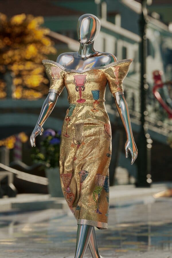 El Gold Glass Dress NFT diseñado por Dolce & Gabbana y construido por UNXD, un mercado digital.