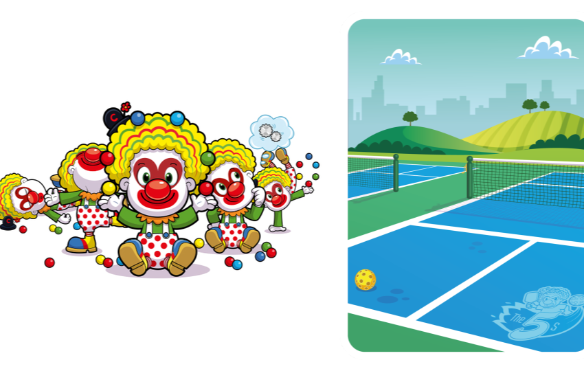Competitive Clown (left), THE Pickleball Court (right)