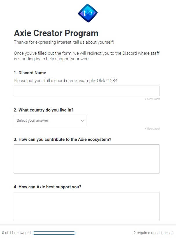 Formulario de admisión al programa Axie Creator