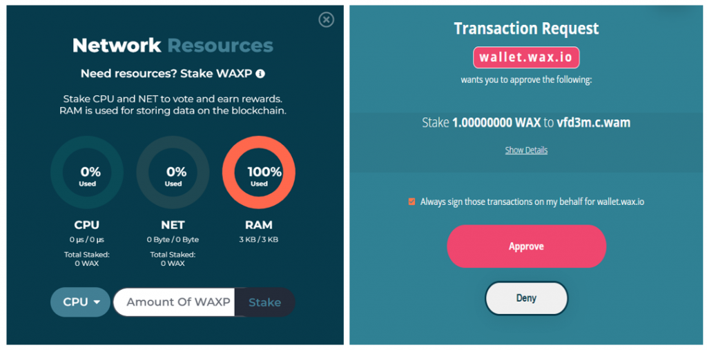 Recursos de red con una opción para apostar WAXP, solicitud de transacción para aprobar la transacción, botones para aprobar o rechazar