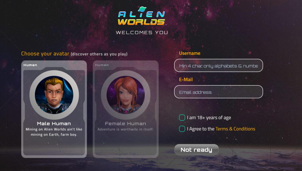Interfaz de palabra alienígena que le pide que elija su avatar, ingrese el nombre de usuario y el correo electrónico