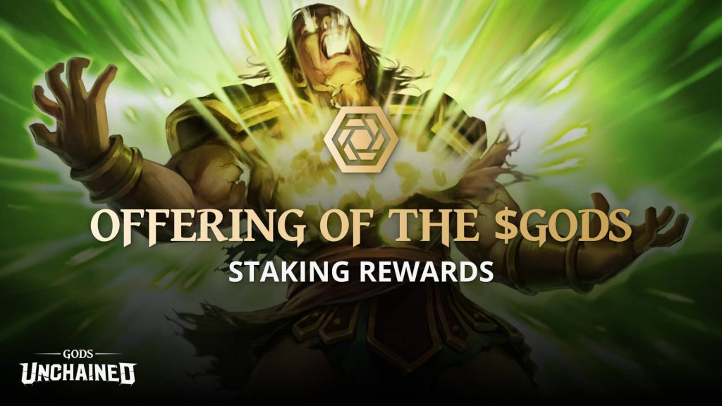 Recompensas de Gods Unchained Staking escritas con una imagen de avatar de fondo