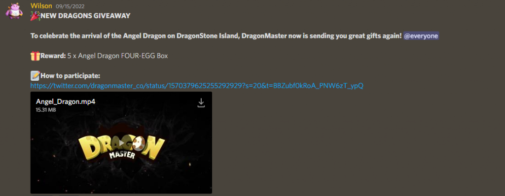 Captura de pantalla del anuncio de DragonMaster Discord sobre un nuevo sorteo de dragones