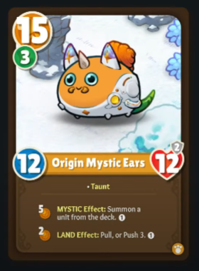 La imagen muestra una tarjeta personalizada creada en TactiCards.  La tarjeta presenta un Mystic Axie con una parte brillante de verano y un fondo de tierra ártica.