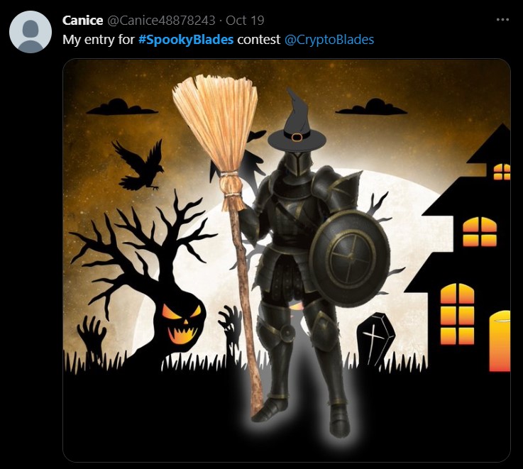 Muestra de participación en el concurso de arte de Halloween que muestra a un espeluznante personaje de CryptoBlades sosteniendo una escoba
