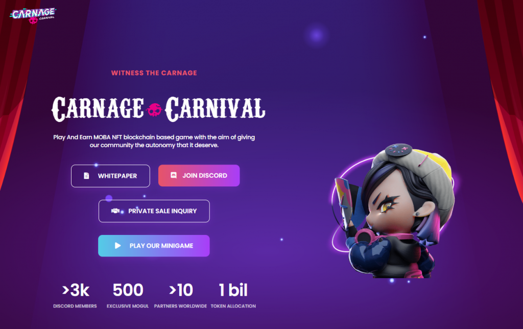 El sitio web oficial de Carnage Carnival con el minijuego gratuito.
