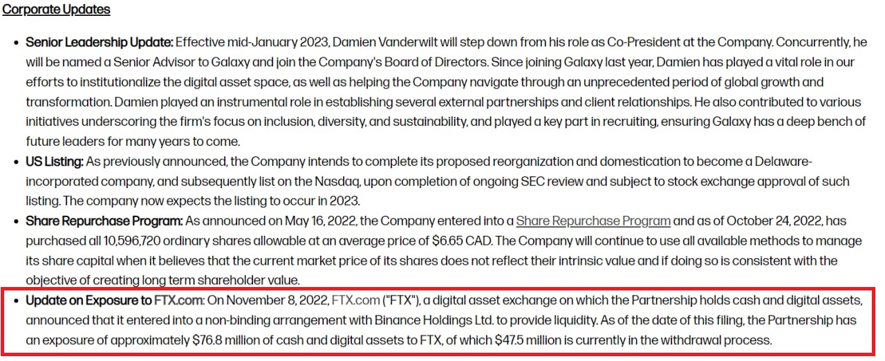 La actualización de la asociación de Galaxy Digital en el informe del tercer trimestre de 2022 menciona FTX.  Fuente: Investor.galaxy.com