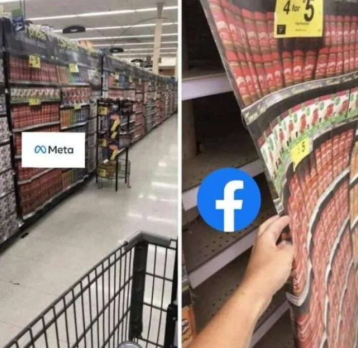 Fake grocery images hiding nothing behind them just like Meta hiding Facebook behind its name.