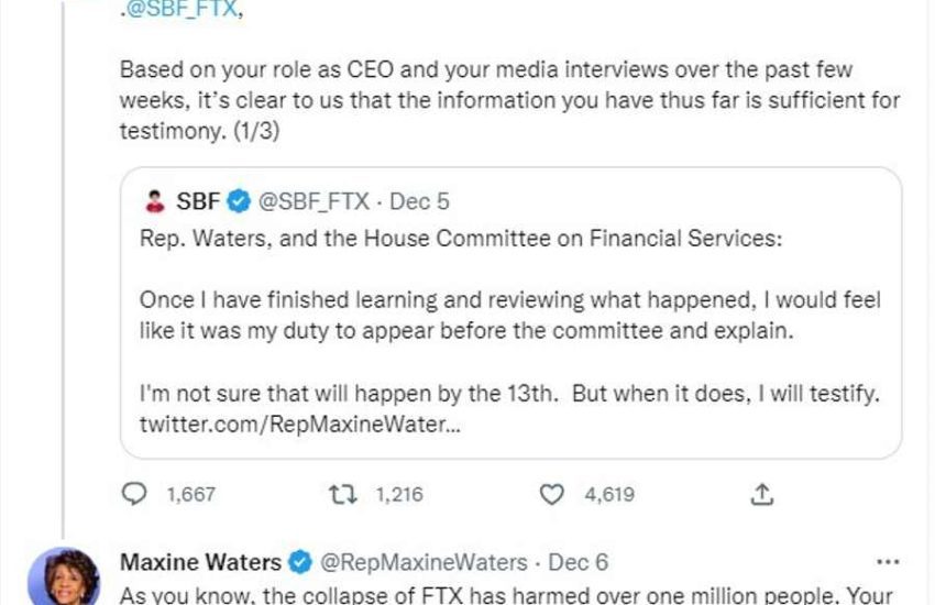 El presidente del Comité de Servicios Financieros de la Cámara de Representantes, Waters, negó el informe de que no tiene planes de demandar a SBF.