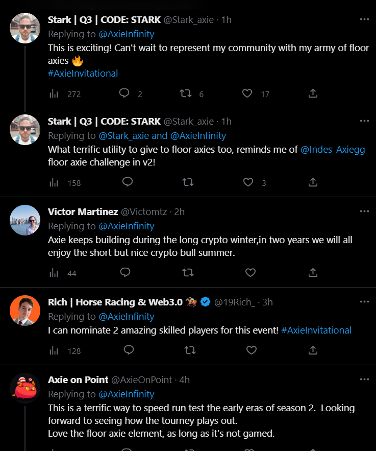 La comunidad responde al tuit de Axie Infinity sobre el torneo comunitario fuera de temporada
