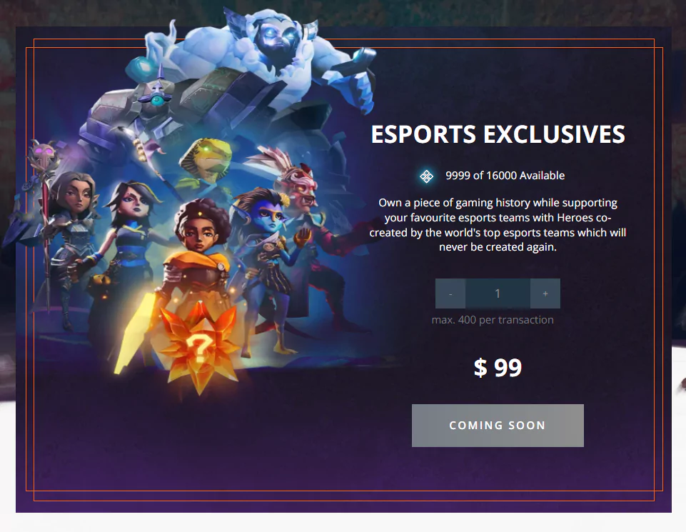 Interfaz de usuario de ventas de la colección digital exclusiva de Esports