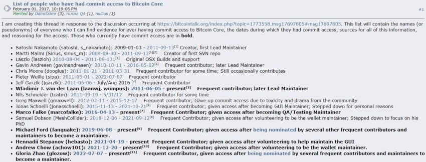 Comentarios de Bitcoin Core del desarrollador Andrew Chow sobre Bitcointalk, citado por WSJ