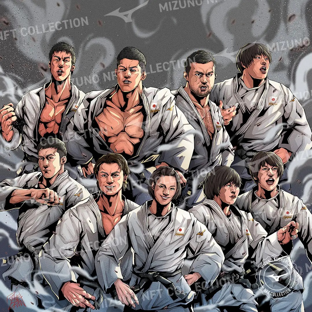 Una obra de arte digital que representa a una serie de practicantes de judo profesionales japoneses.