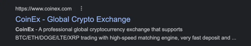 Captura de pantalla que muestra a CoinEx identificándose como "Intercambio mundial de criptomonedas."