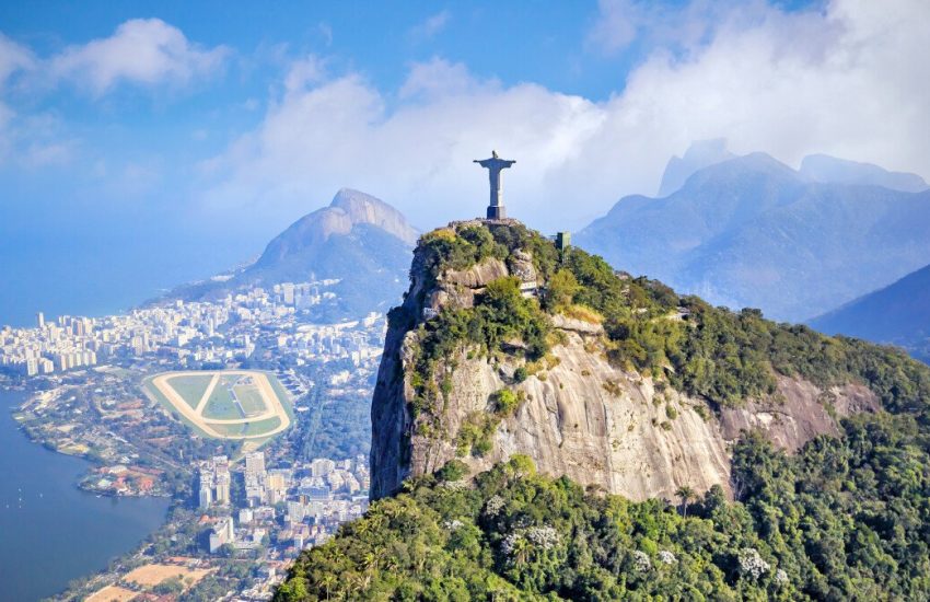 An aerial view of the Rio de Janeiro skyline in Brazil.