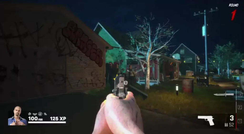 Captura de pantalla del juego UB que muestra el punto de vista del jugador al disparar a los zombis
