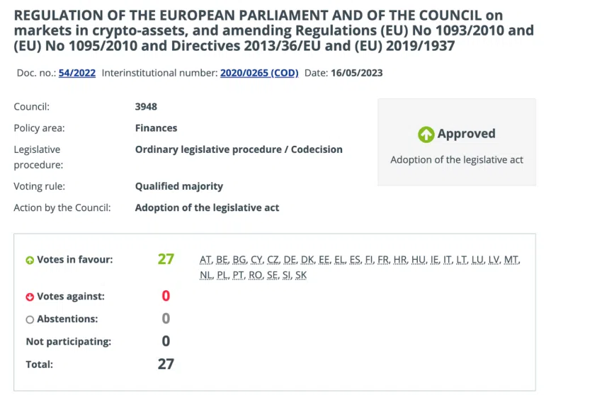 Los miembros de la Unión Europea (UE) votan unánimemente a favor de la legislación MiCA