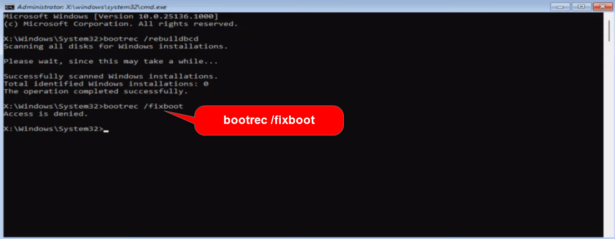 Se agregó el comando bootrec /fixboot.