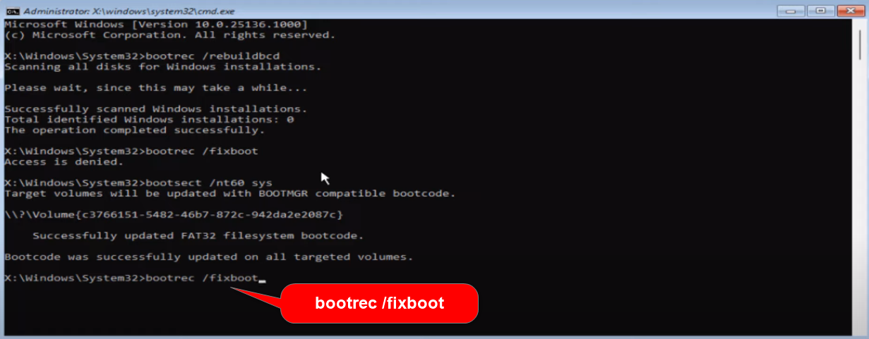 agregar el comando bootrec /fixboot