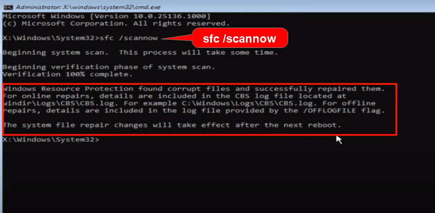 verifique los archivos del sistema con el comando sfc /scannow