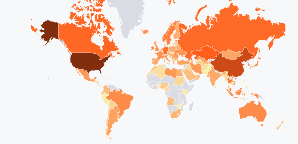 Un mapa mundial sombreado con colores más oscuros donde el consumo de energía relacionado con bitcoin es el más alto.
