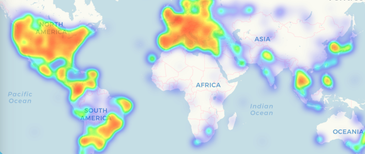 Un mapa que muestra las partes del mundo donde la actividad de criptomonedas es más alta, con sombras más oscuras que indican altas tasas de actividad.