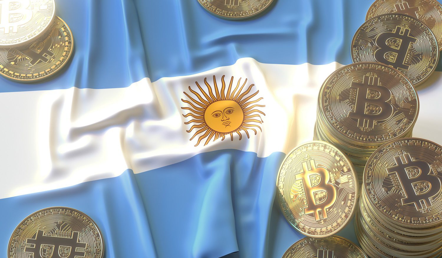 Fichas de metal destinadas a representar Bitcoin en la bandera nacional de Argentina.