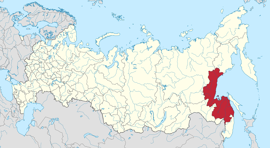 Un mapa de Rusia, con Khabarovsk Krai, en el Lejano Oriente ruso, sombreado en rojo.