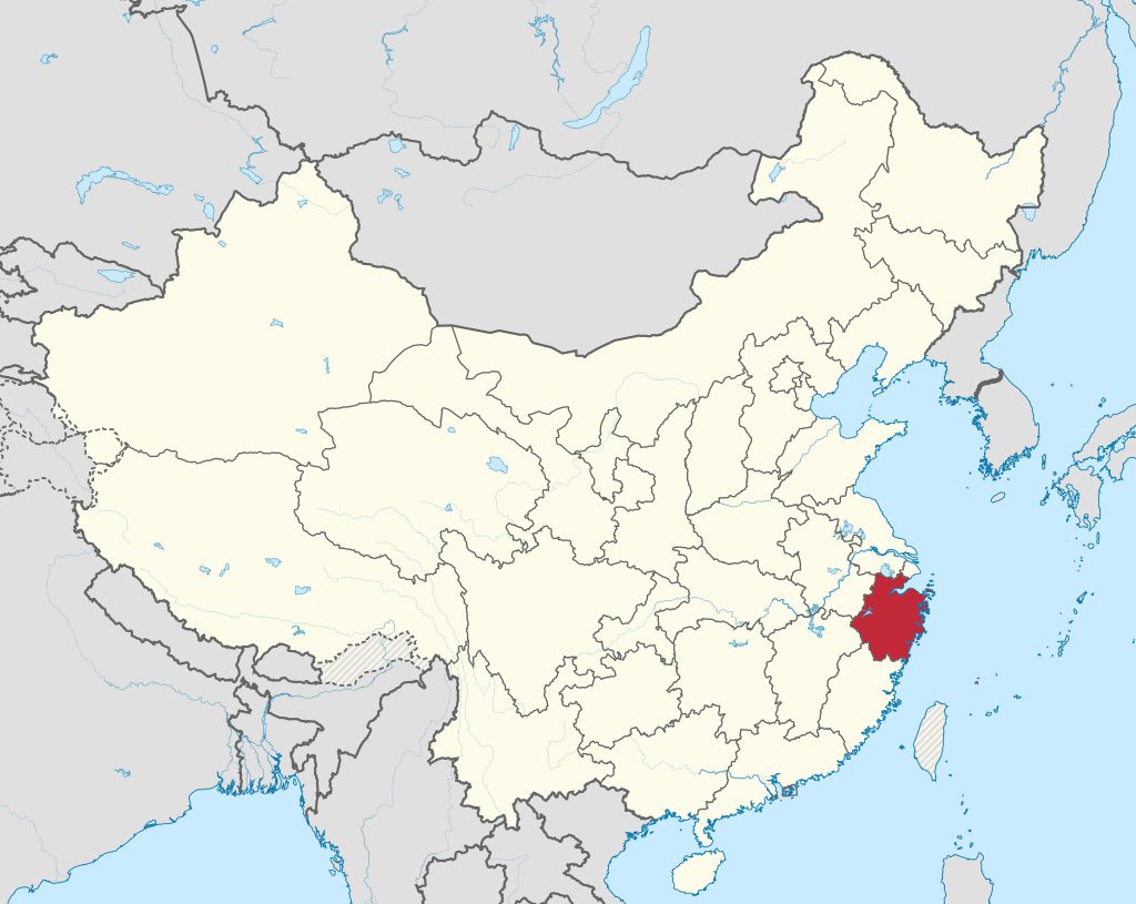 Un mapa de China con la provincia de Zhejiang sombreada en rojo.