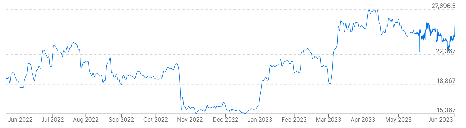 Un gráfico que muestra los precios de Bitcoin frente al euro en los últimos 12 meses.
