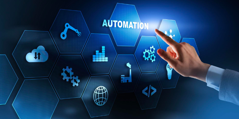 A person is pointing at an automation icon on a blue background.