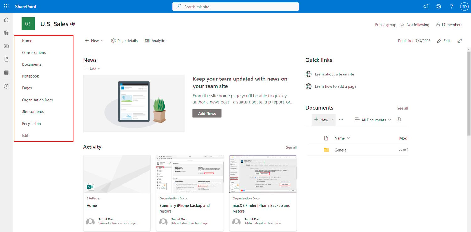 An example of SharePoint Team site