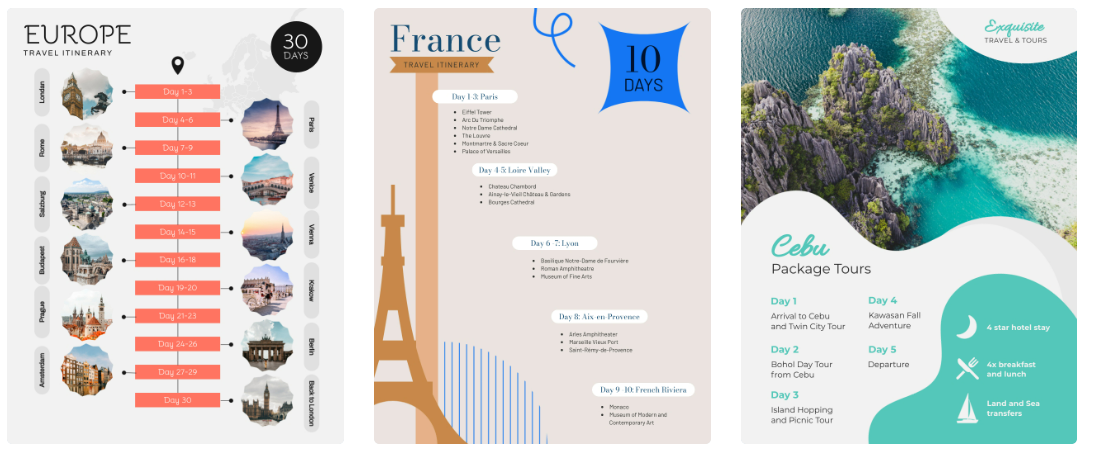 A collection of travel brochures featuring diverse designs and itinerary templates.
