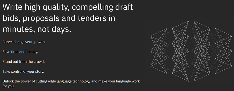 A black background with text that says write quality, compelling drafts, bids, proposals and tenders in minutes.